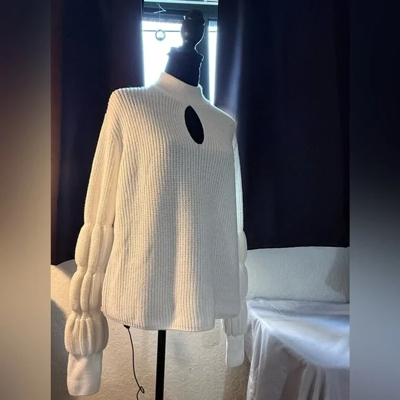 VENUS Cream Cowl Neck Sweater with Textured Sleeves - Picture 2 of 14